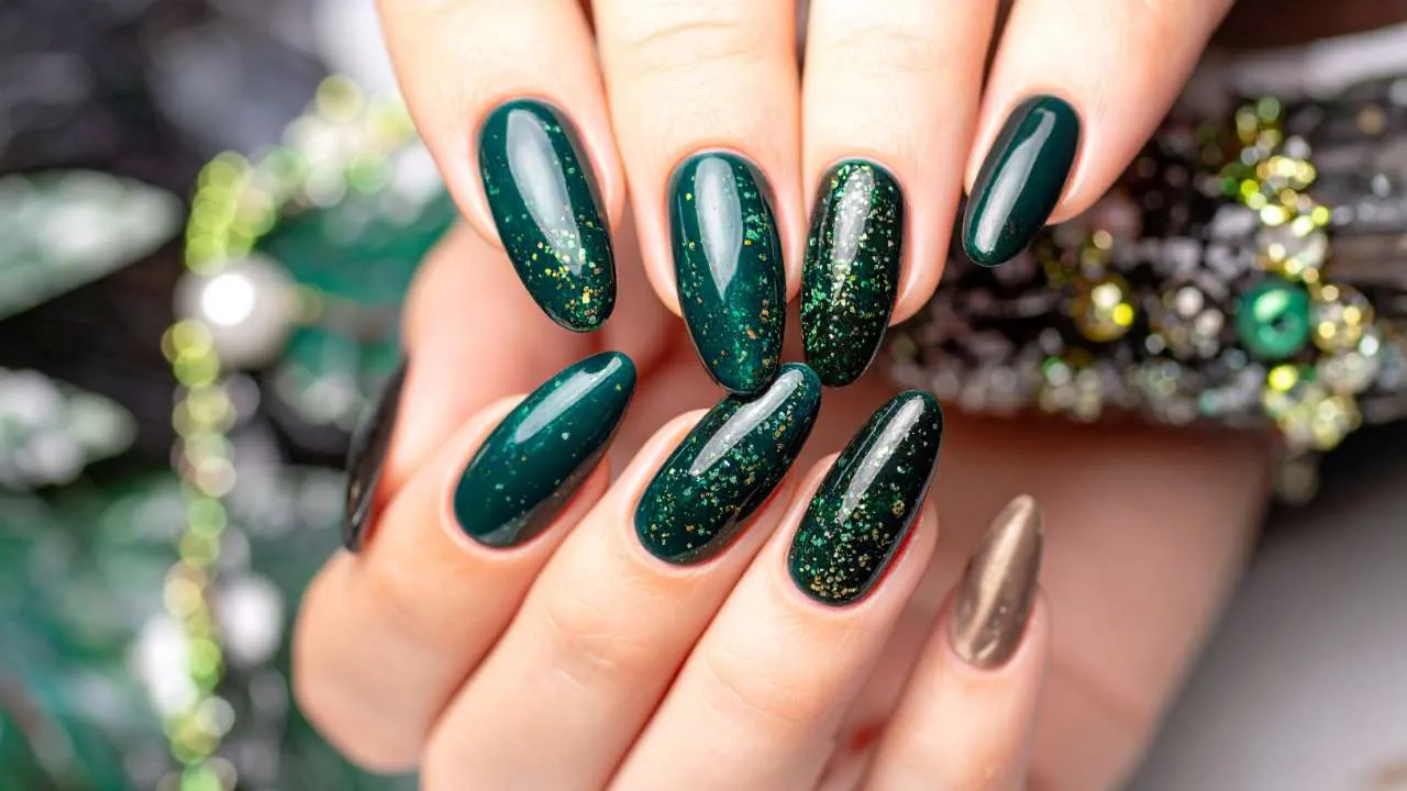 Hands with dark green gel polish.