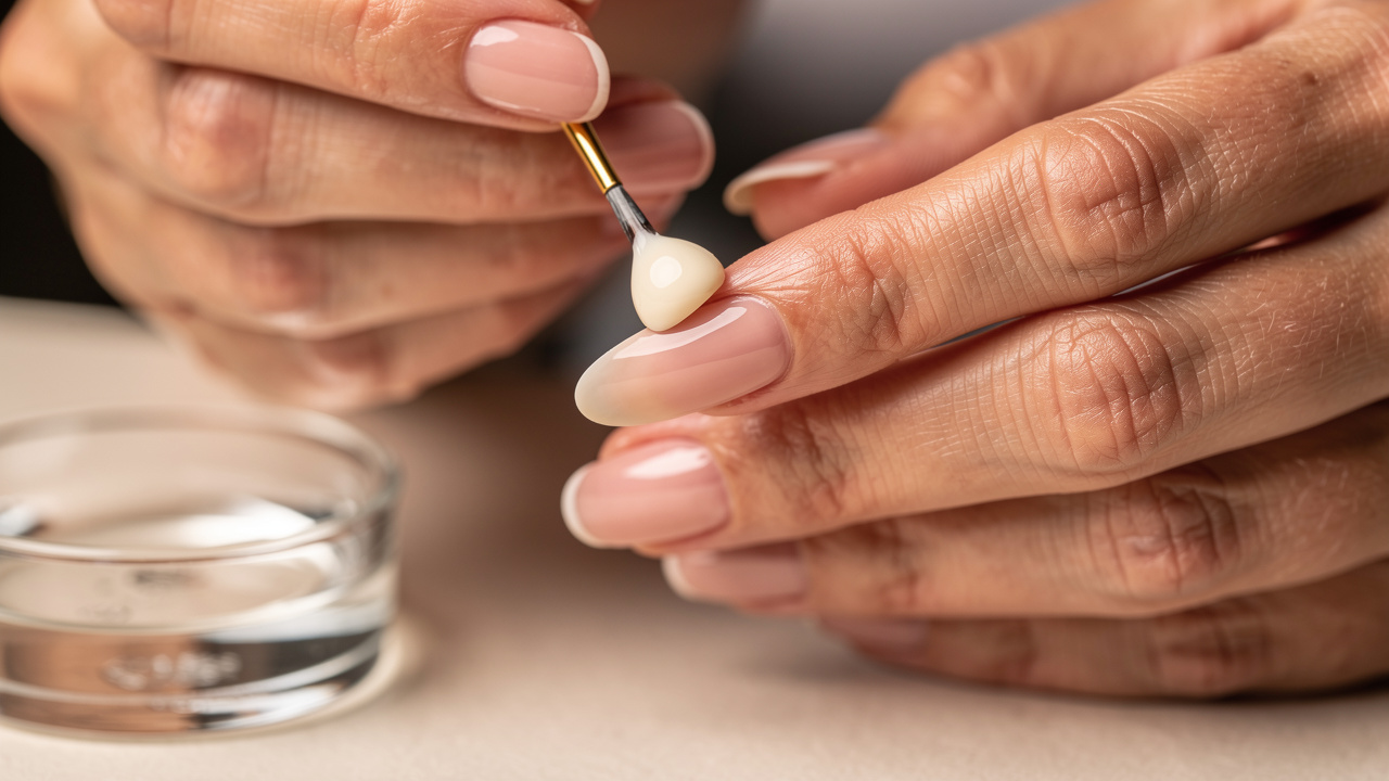 Nail artist sculpting acrylic with brush on nail form