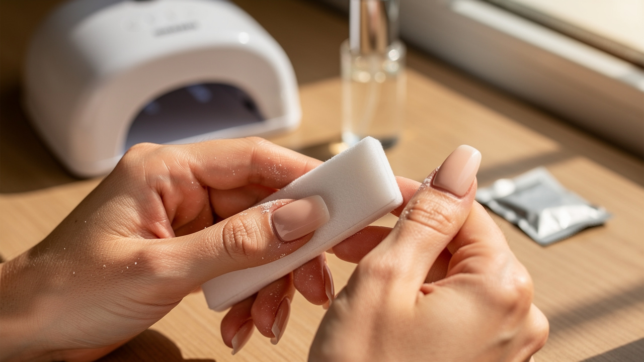 Woman buffing shaped acrylic nails to a smooth finish