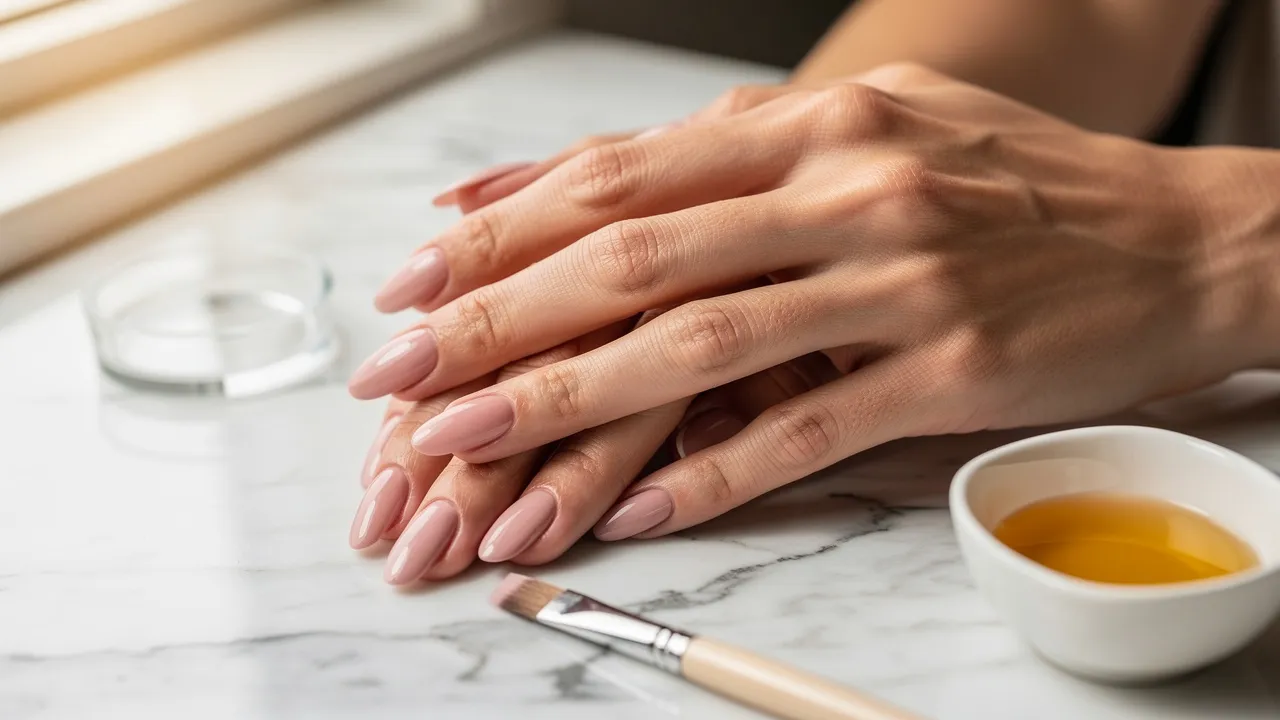 Hands with nude nails beside manicure tools.