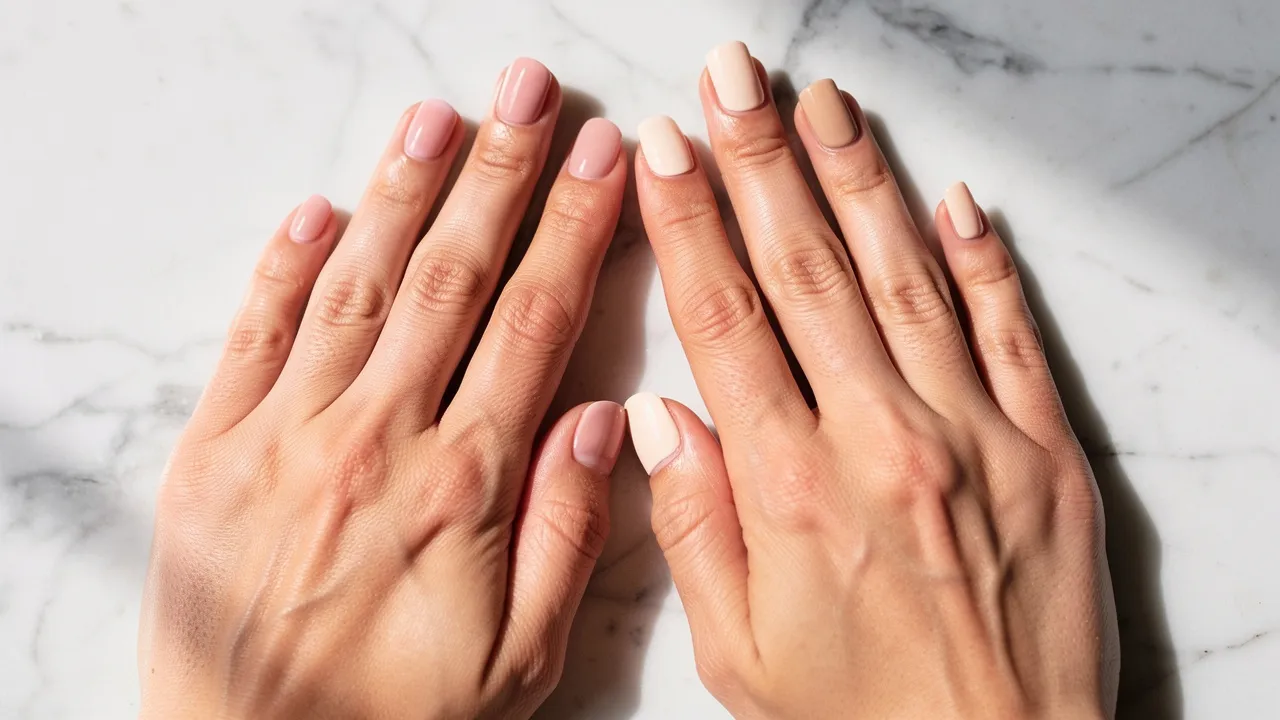 Several hands showing different manicure colors and finishes.
