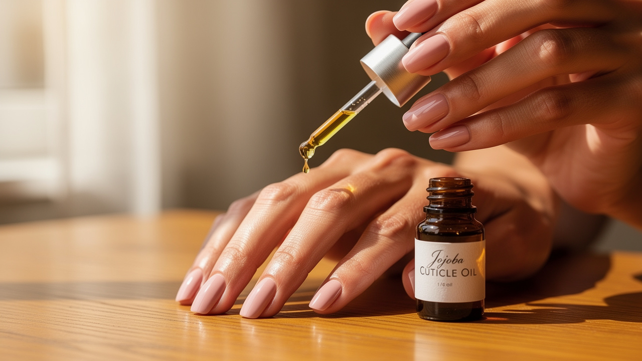 Woman applying cuticle oil to gel manicured nails