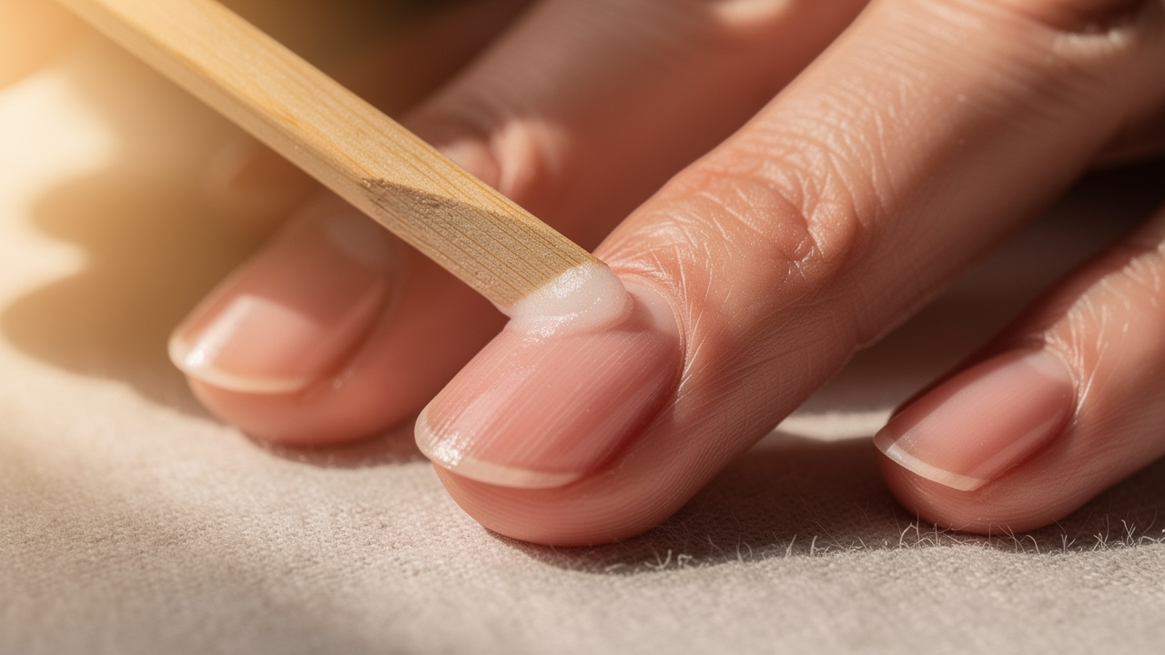Cuticle pusher gently removing softened acrylic from nail