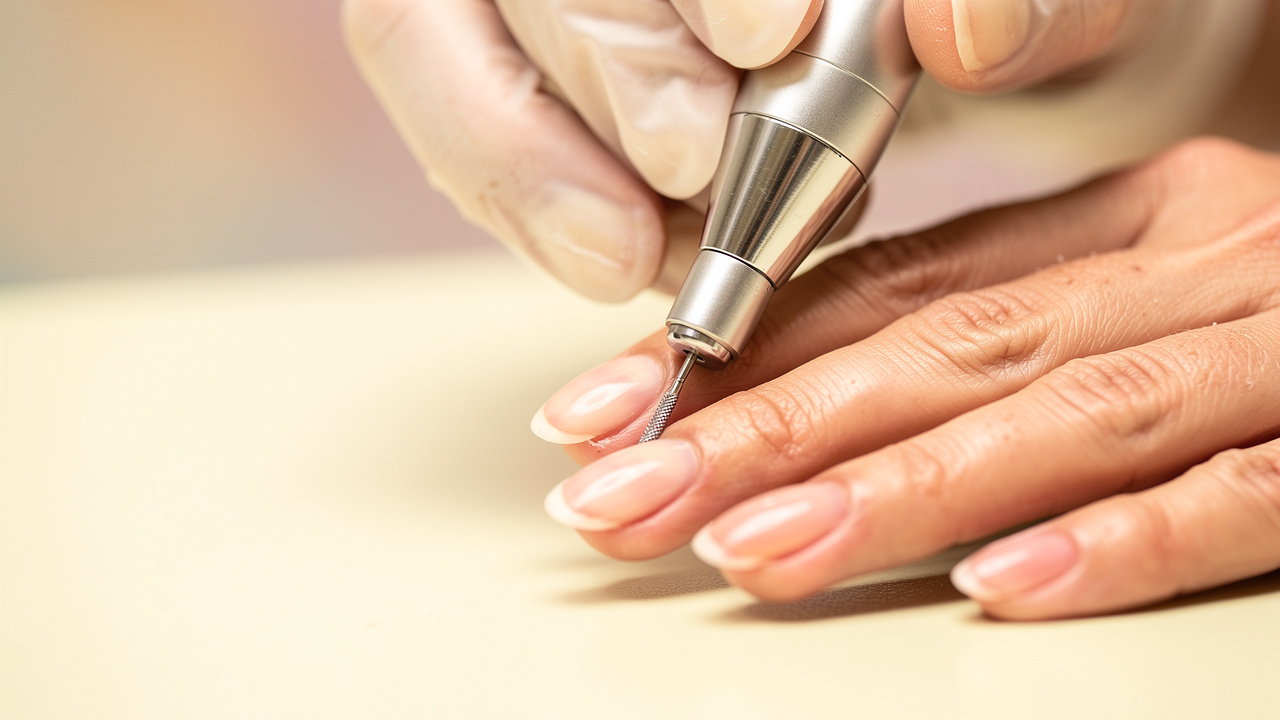 Nail technician using e-file for Russian manicure cuticle prep