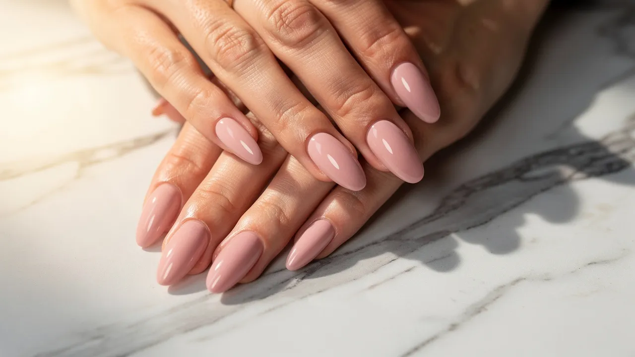 Close-up of nude gel nails resting on a towel.