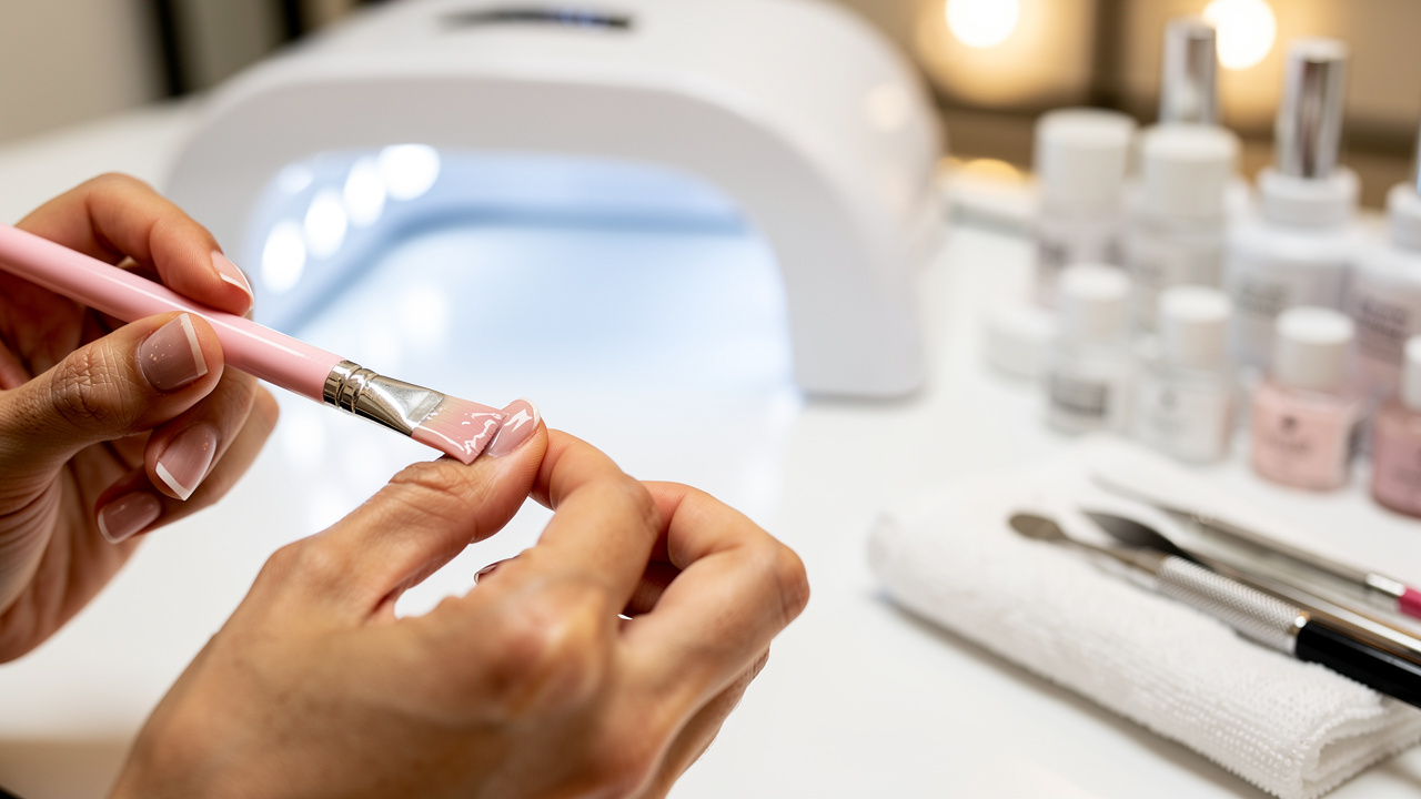 Nail technician applying gel polish under LED lamp