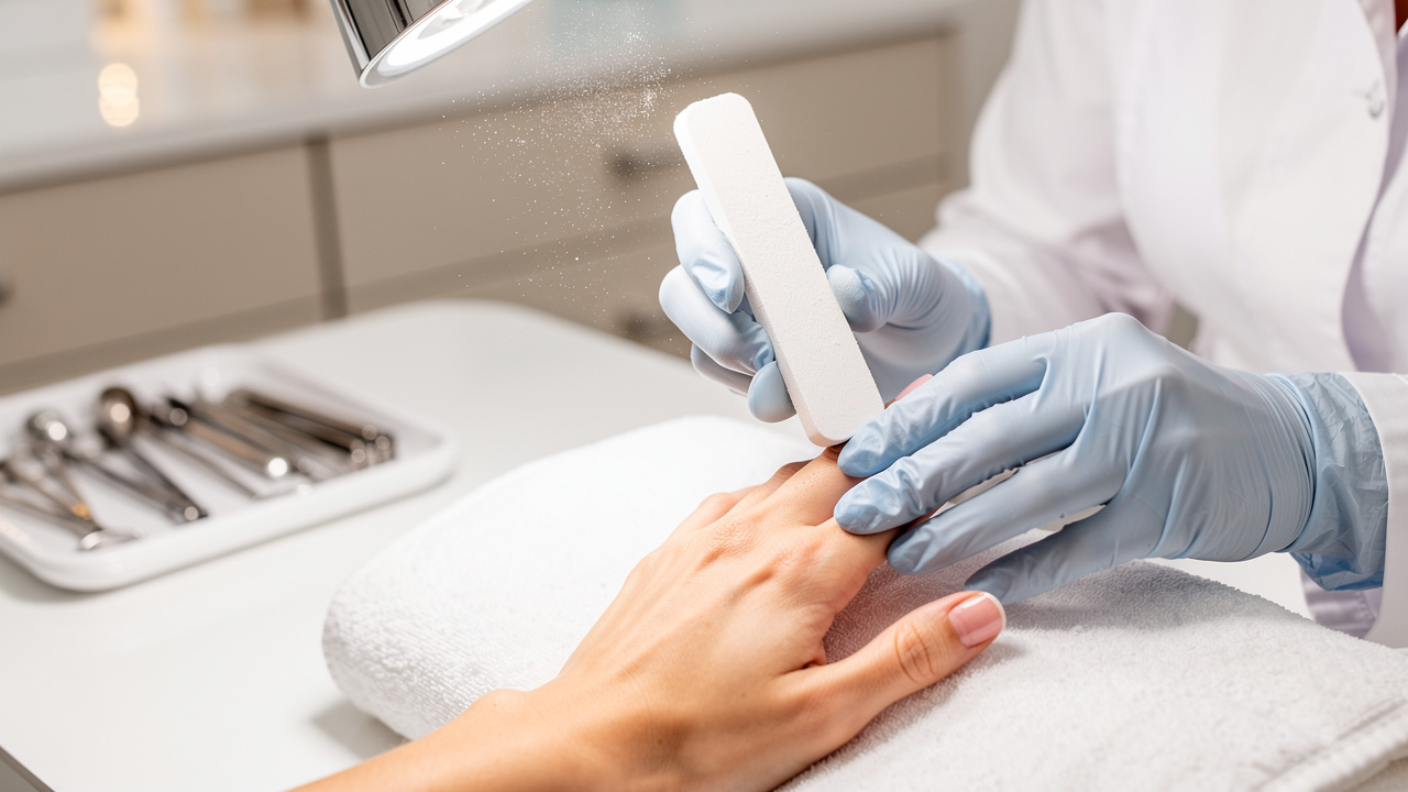 Nail technician buffing natural nail plate before Gel X application