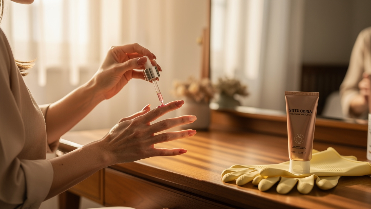 Woman applying cuticle oil to nails as part of aftercare routine