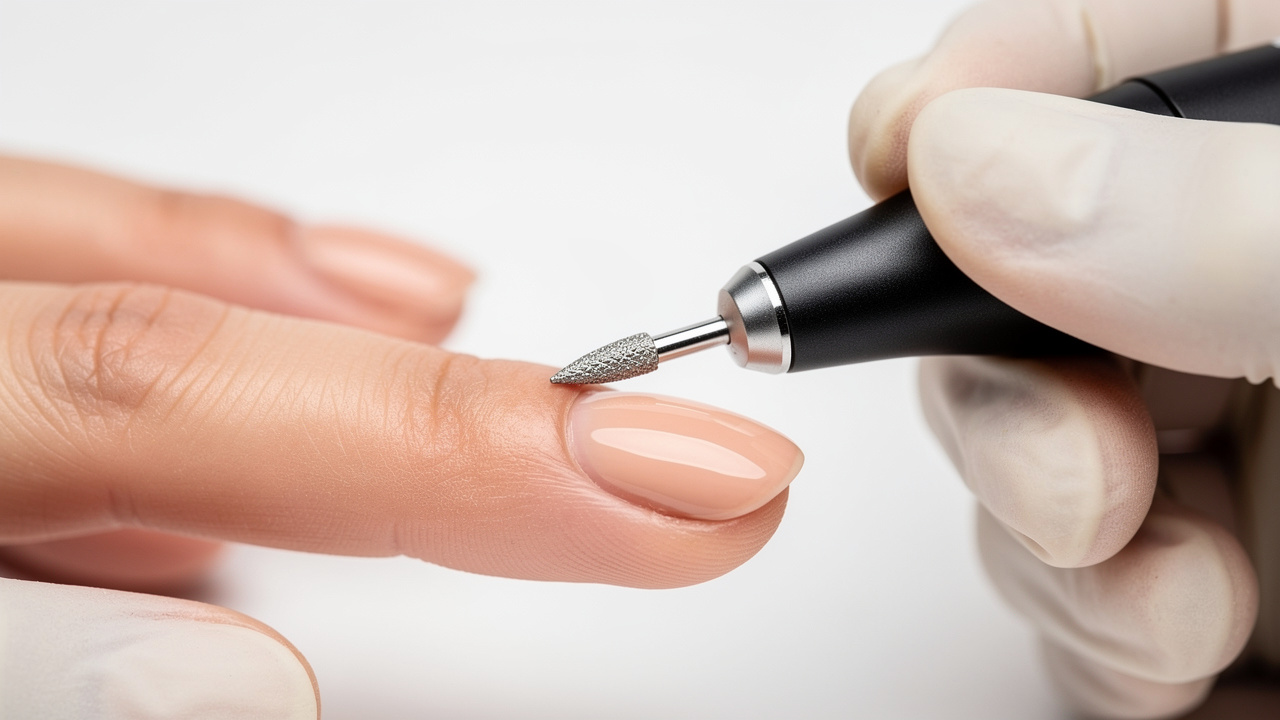 Close-up of e-file working on cuticle during Russian manicure