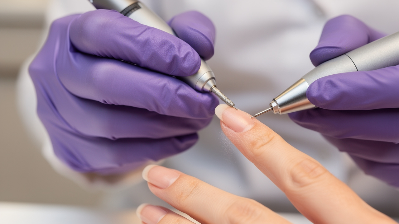 Nail technician using e-file for dry Russian manicure prep