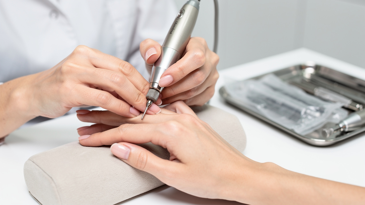 Nail technician using electric file for Russian manicure cuticle preparation