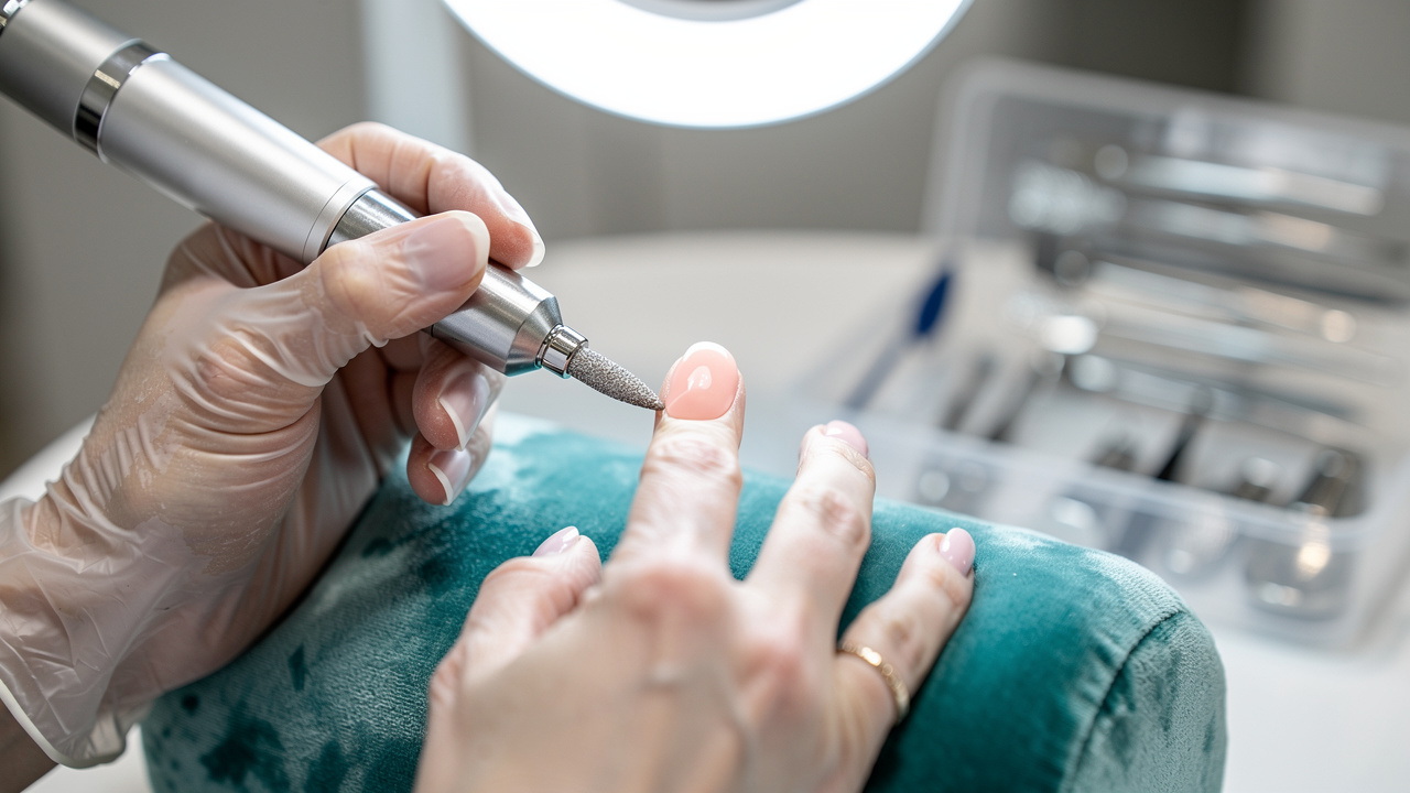 Nail technician using electric file on dry nail during Russian manicure