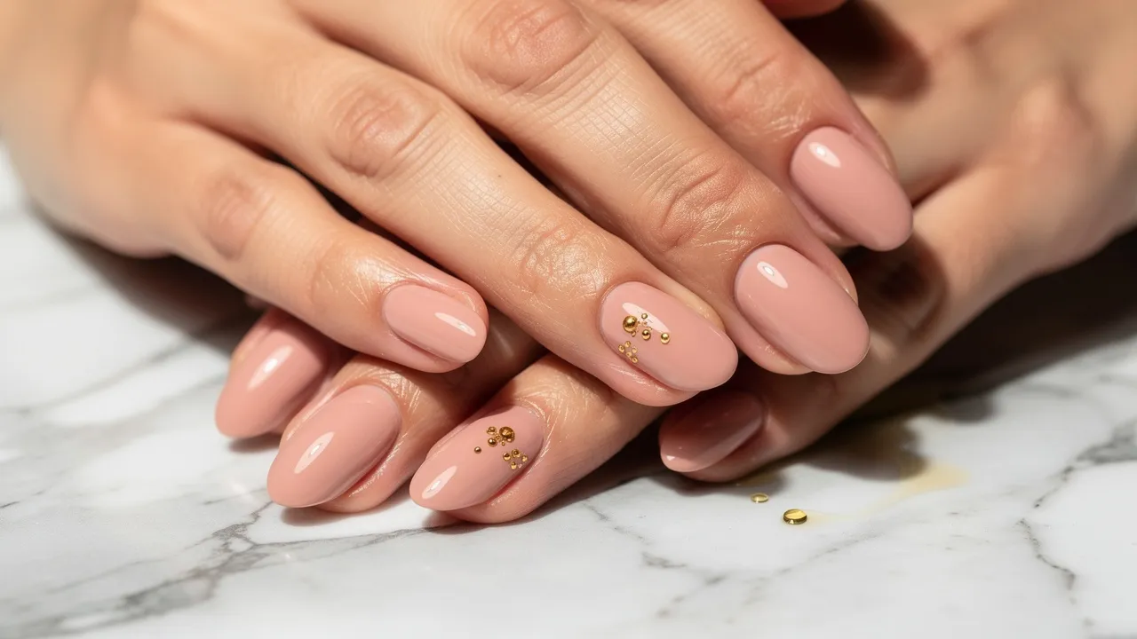 Hands resting together with a neutral gel manicure.