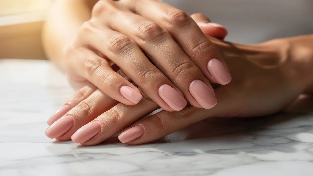 Close-up of hands with nude polish and neatly groomed cuticles.
