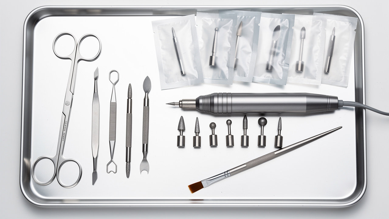 Professional Russian manicure tools including e-file bits and sterilized instruments