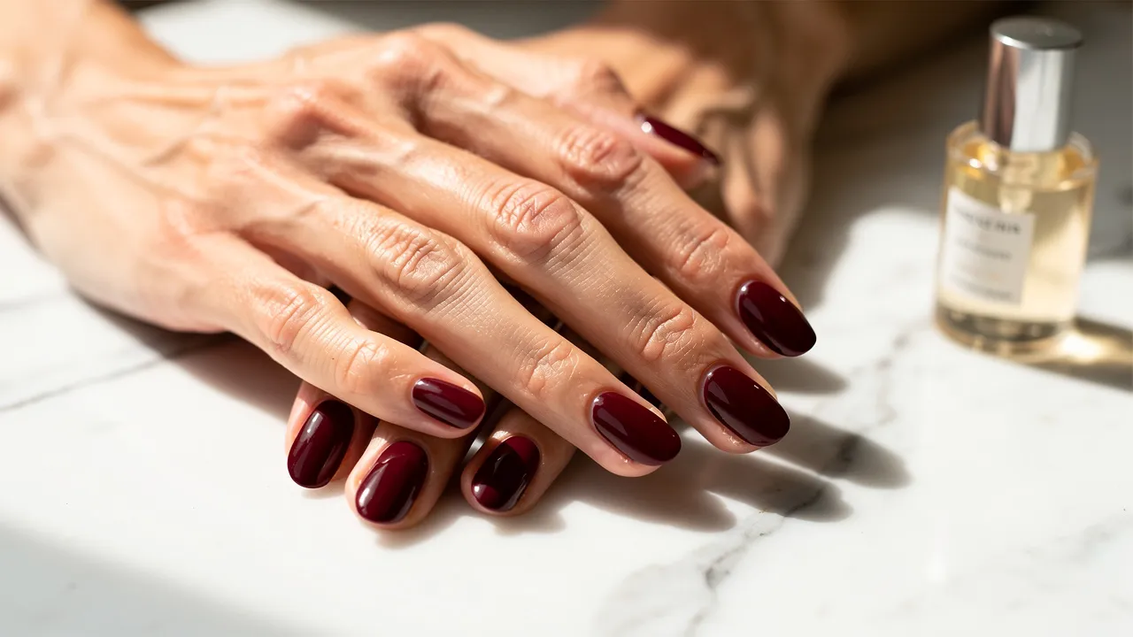 Hands with burgundy nail polish and a glossy finish.
