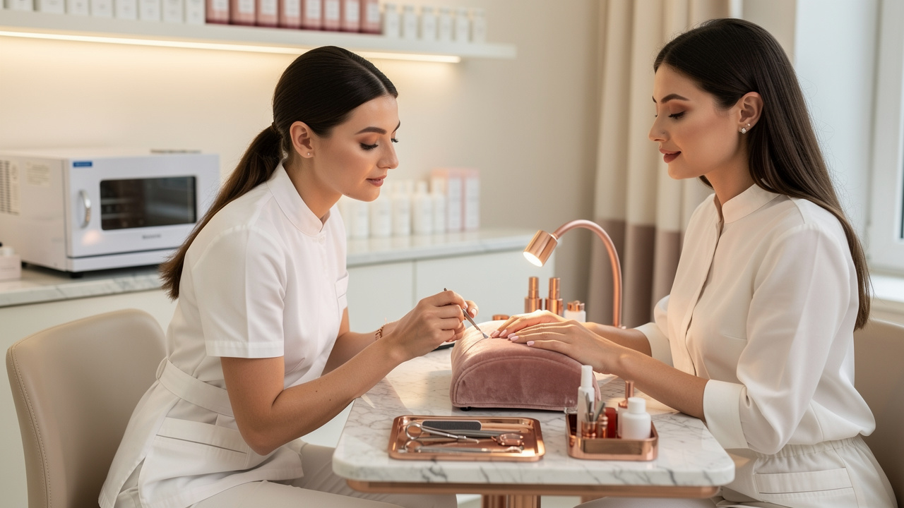 Professional nail technician consulting client in modern salon