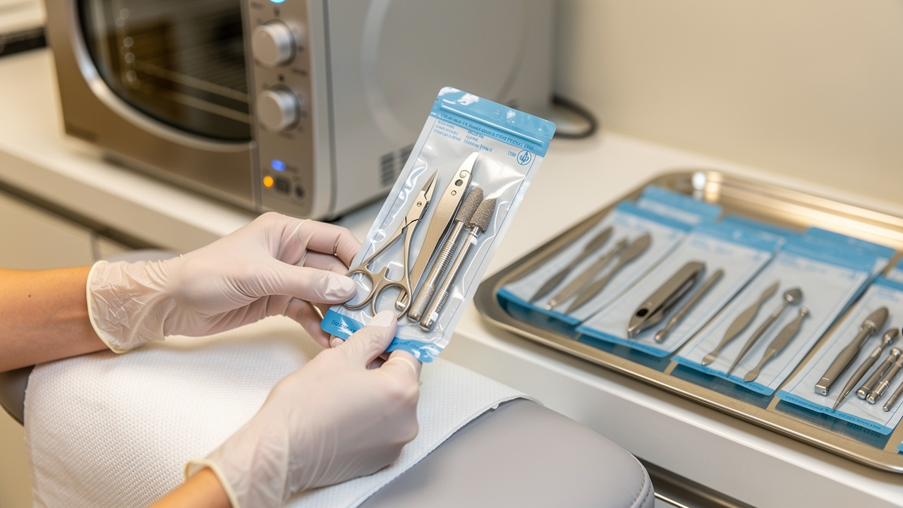 Professional nail salon showing sterilized tools in sealed pouches
