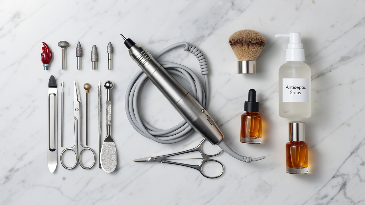 Complete Russian manicure tools laid out on marble surface