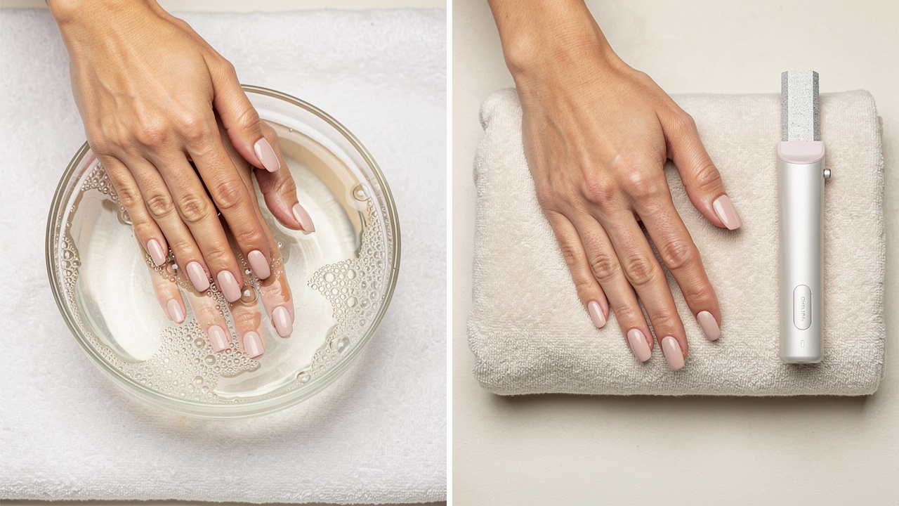 Side by side comparison of wet regular manicure and dry Russian manicure