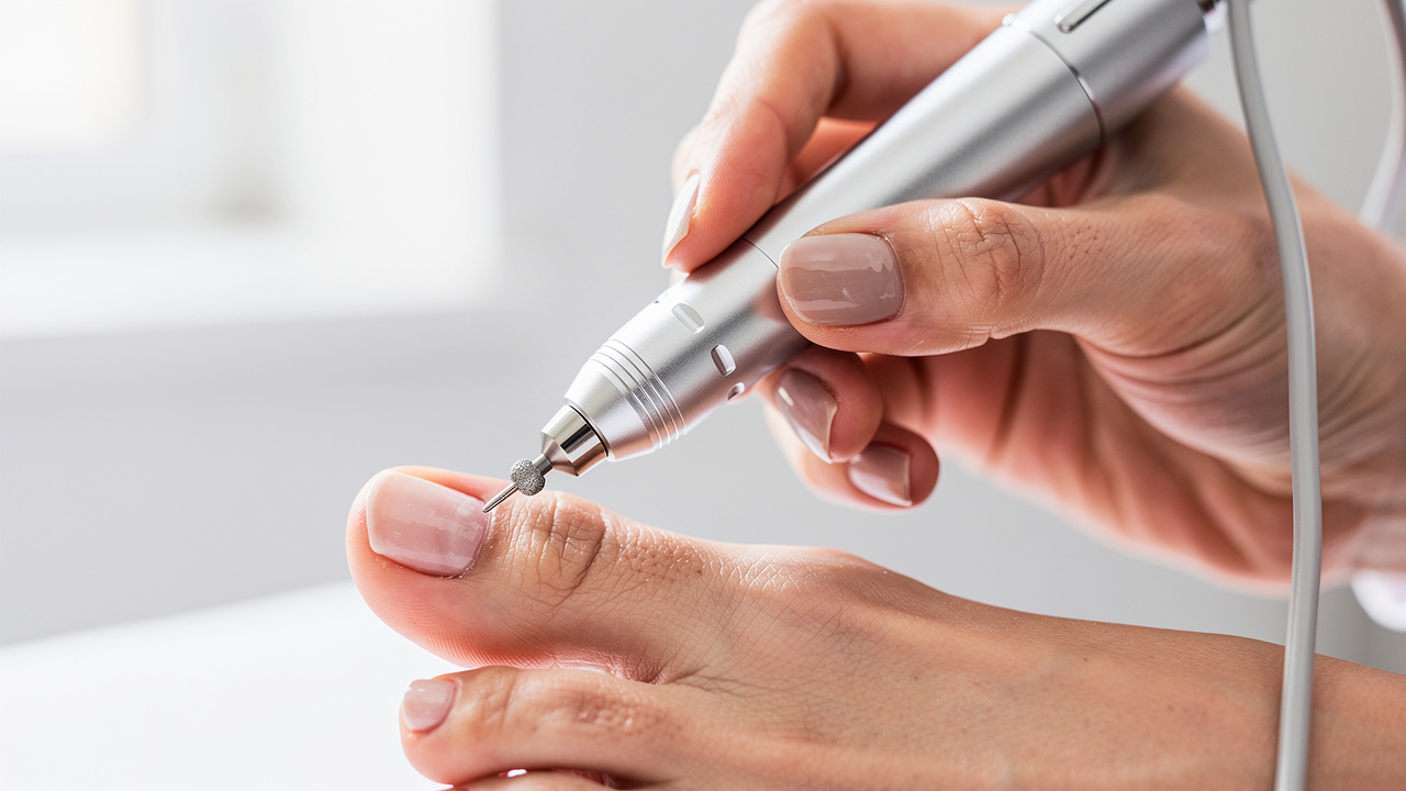 Nail technician using electric e-file on dry toenail cuticle